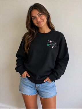 Black Crewneck Sweatshirt with Star & Ribbon Detail